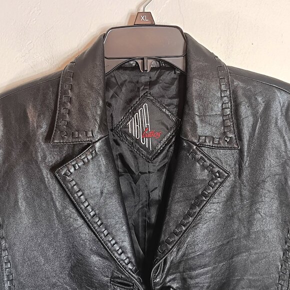 Tiboa Leathers Blazer Womens Medium Petite Black 100% Leather Woven Trim Jacket - Picture 2 of 10
